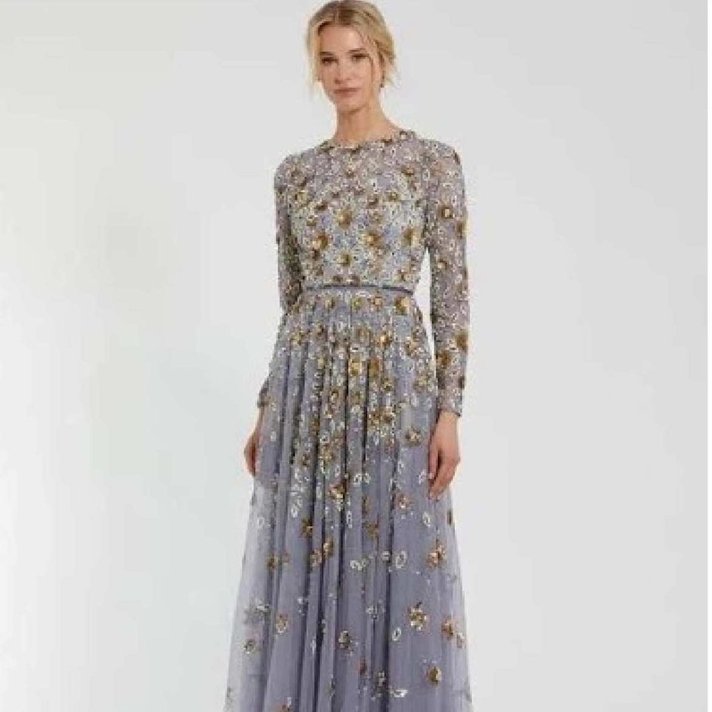 Mac Duggal Platinum Floral Beaded Long Sleeve Dress NWT Size 12